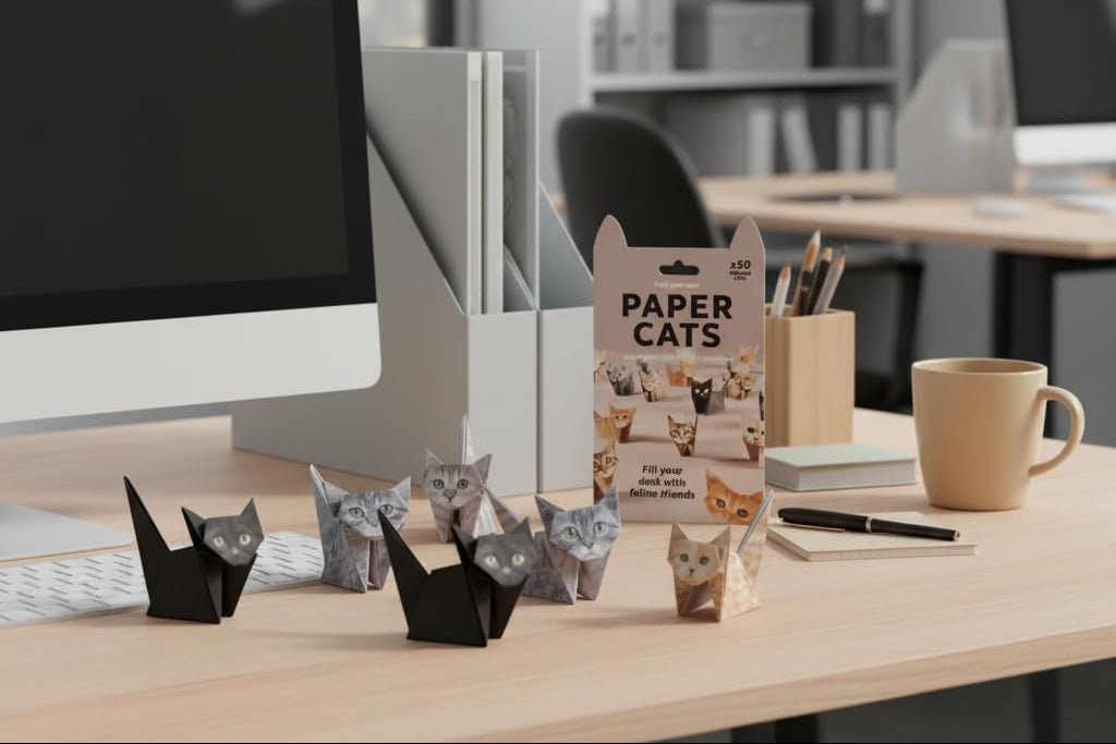 Paper Cats Origami Kit - 50 Sheets Pre-Printed DIY Cat Origami Paper, Easy Foldable Standing Paper Cats with Glow in The Dark Eyes, Fun Craft Activity , Home Office Desk Decor