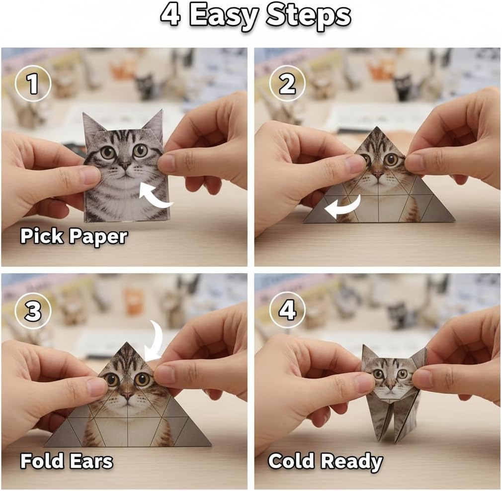 Paper Cats Origami Kit - 50 Sheets Pre-Printed DIY Cat Origami Paper, Easy Foldable Standing Paper Cats with Glow in The Dark Eyes, Fun Craft Activity , Home Office Desk Decor