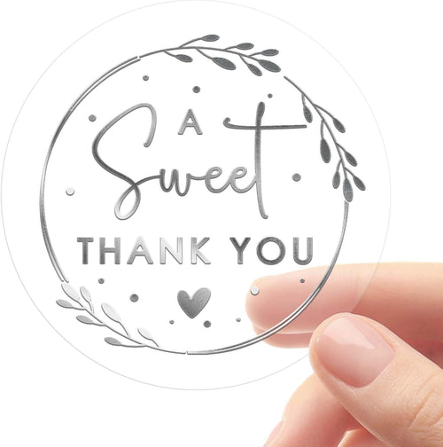 100 PCS A Sweet Thank You Stickers, Clear Silver Foil Labels for Wedding Favor Bags, Dessert Table Treat Bags, Candy Bags, Small Business Packaging, Gift Wrapping & Envelope Seals, 1.6 Inch