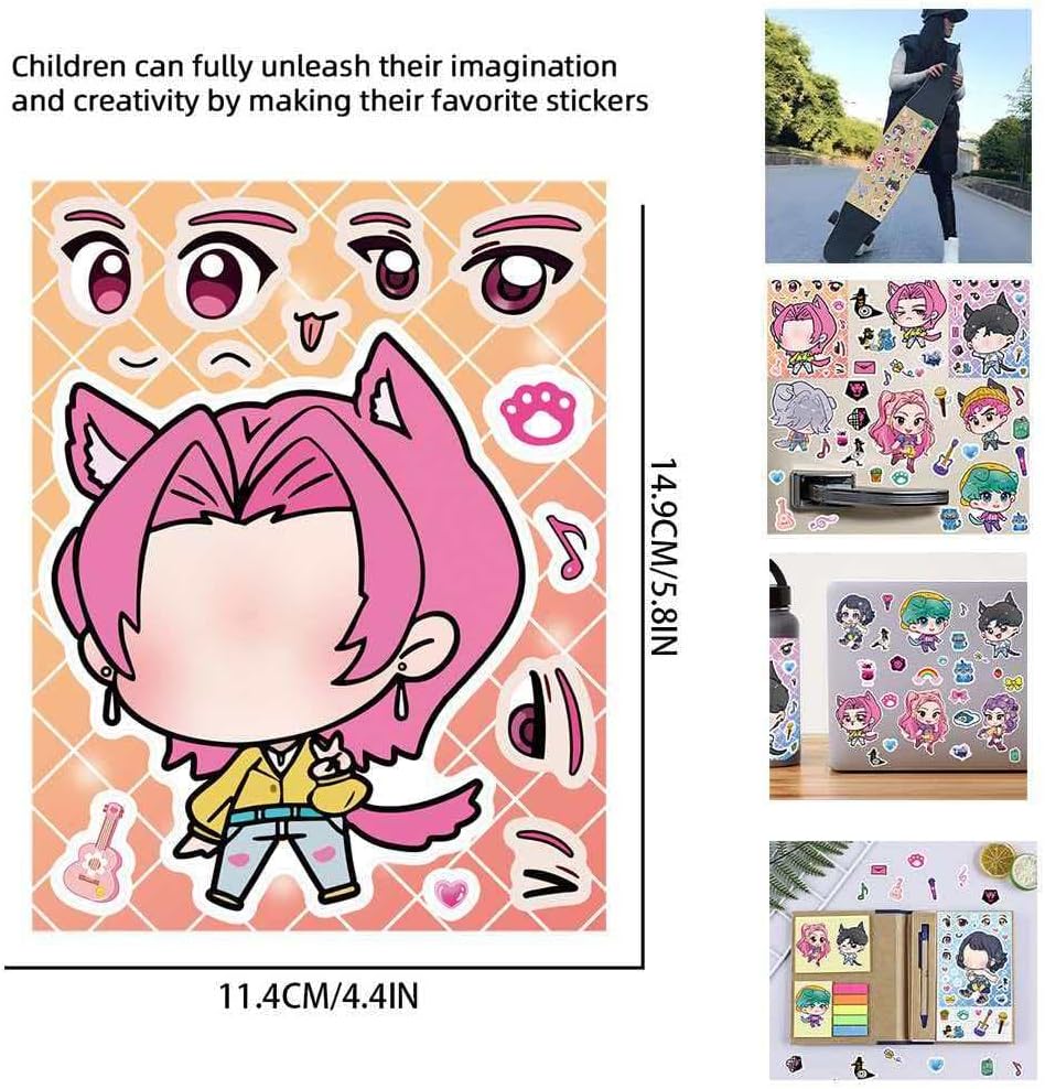 24 Sheets DIY Anime Face Stickers - Kawaii Make-a-Face Sticker Sheets for Kids, Cute Japanese Cartoon Art DIY Craft Decals for Birthday Party Favors, Rewards and Decorations (KDH)