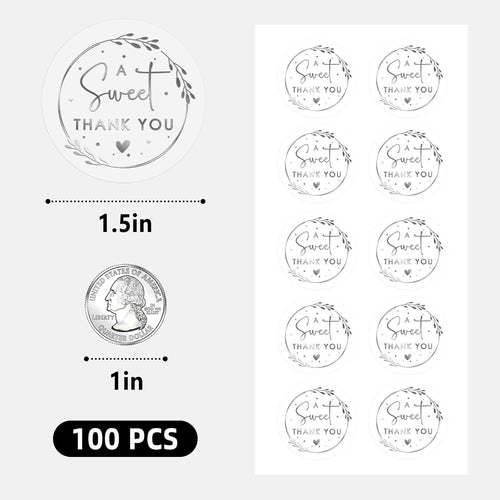 100 PCS A Sweet Thank You Stickers, Clear Silver Foil Labels for Wedding Favor Bags, Dessert Table Treat Bags, Candy Bags, Small Business Packaging, Gift Wrapping & Envelope Seals, 1.6 Inch