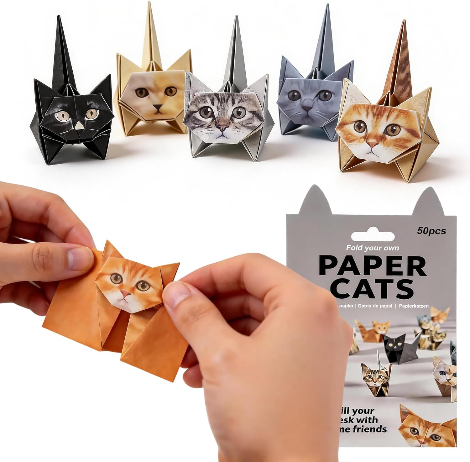 DIY Origami Paper Cat Kit – 50 Sheets Folding Paper to Create Cute Cat Figures, Creative Paper Craft Activity for Adults, Desk Decoration and Gift for Cat Lovers