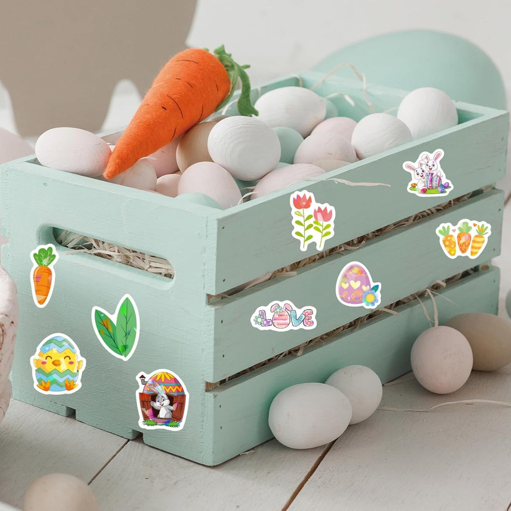 160Pcs Assorted Easter Sticker Set, 8 Sheets Waterproof Vinyl Stickers with Rabbits, Eggs, Chicks, Flowers, Non-Repetitive Holiday Party Decoration for Kids, Teenagers, Adults, Gift Tote Bag Decor