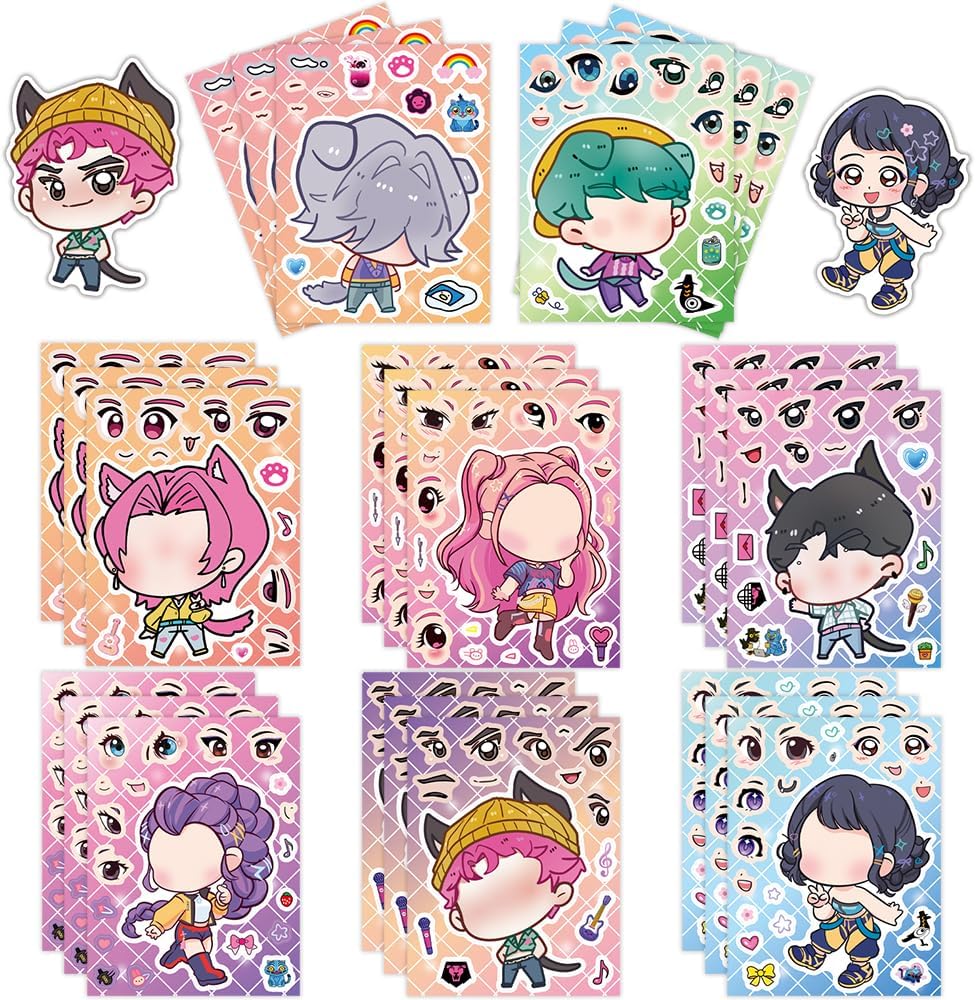 24 Sheets DIY Anime Face Stickers - Kawaii Make-a-Face Sticker Sheets for Kids, Cute Japanese Cartoon Art DIY Craft Decals for Birthday Party Favors, Rewards and Decorations (KDH)