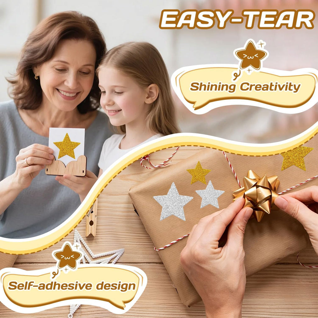 200PCS Glitter Star Stickers 4Size Large Star Stickers Silver and Gold Stars Foam for Craft Scrapbook and Card Greeting Self-Adhesive and Easy to Peel