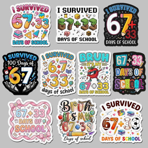 10 PCS I Survived 67+33 Days of School Stickers, 100 Days of School Stickers Bruh I Survived 100th Day Celebration Teacher Student Cute Coquette Bow Waterproof Vinyl Decals Back to School Gifts Kids
