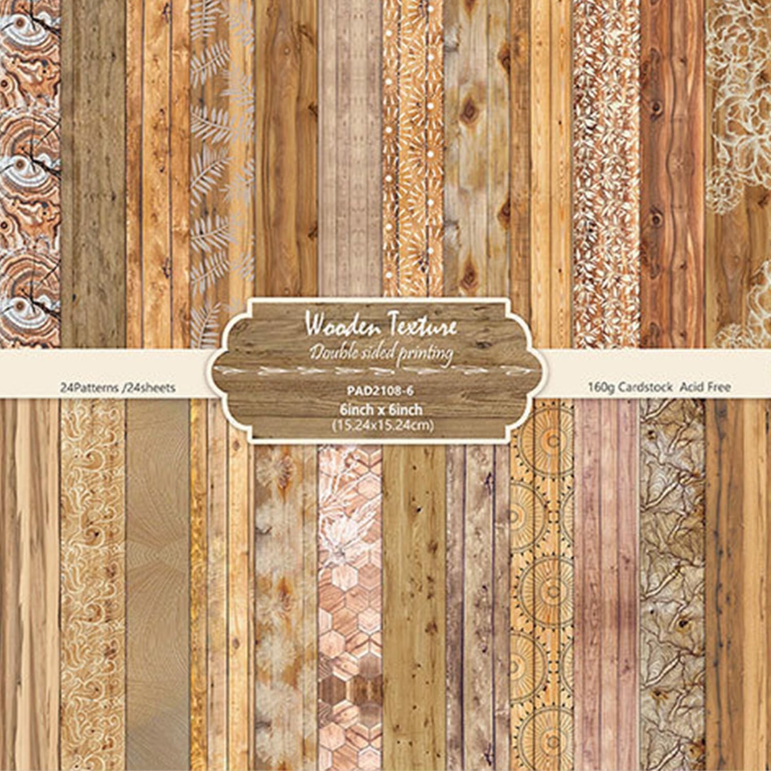 6-inch Wooden Patterned Scrapbook Paper Pad, 24 Sheets Double Sided Retro Aesthetic Origami Paper for Journaling, Collage, DIY Card, Folded Photo Album, Handmade Crafts & Decor Projects