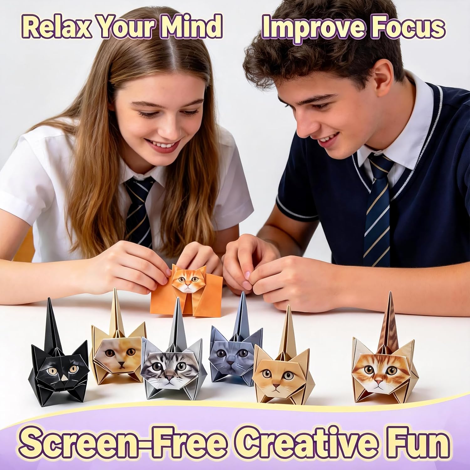 DIY Origami Paper Cat Kit – 50 Sheets Folding Paper to Create Cute Cat Figures, Creative Paper Craft Activity for Adults, Desk Decoration and Gift for Cat Lovers
