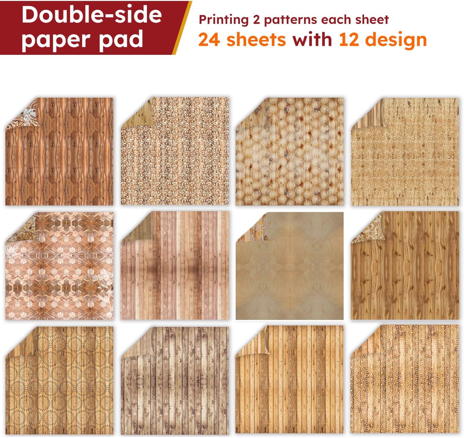 6-inch Wooden Patterned Scrapbook Paper Pad, 24 Sheets Double Sided Retro Aesthetic Origami Paper for Journaling, Collage, DIY Card, Folded Photo Album, Handmade Crafts & Decor Projects