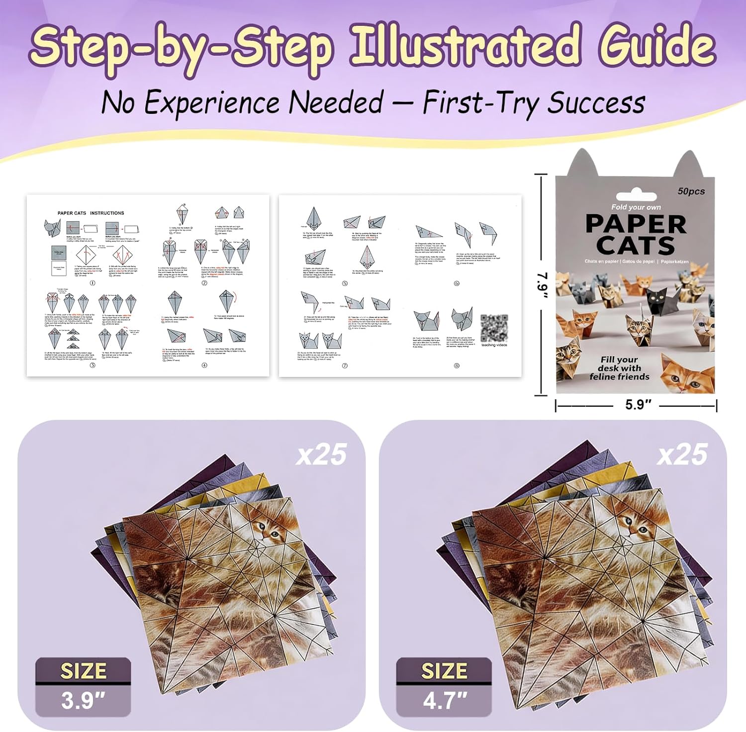 DIY Origami Paper Cat Kit – 50 Sheets Folding Paper to Create Cute Cat Figures, Creative Paper Craft Activity for Adults, Desk Decoration and Gift for Cat Lovers