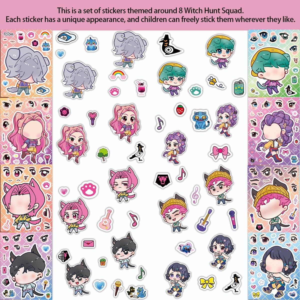 24 Sheets DIY Anime Face Stickers - Kawaii Make-a-Face Sticker Sheets for Kids, Cute Japanese Cartoon Art DIY Craft Decals for Birthday Party Favors, Rewards and Decorations (KDH)