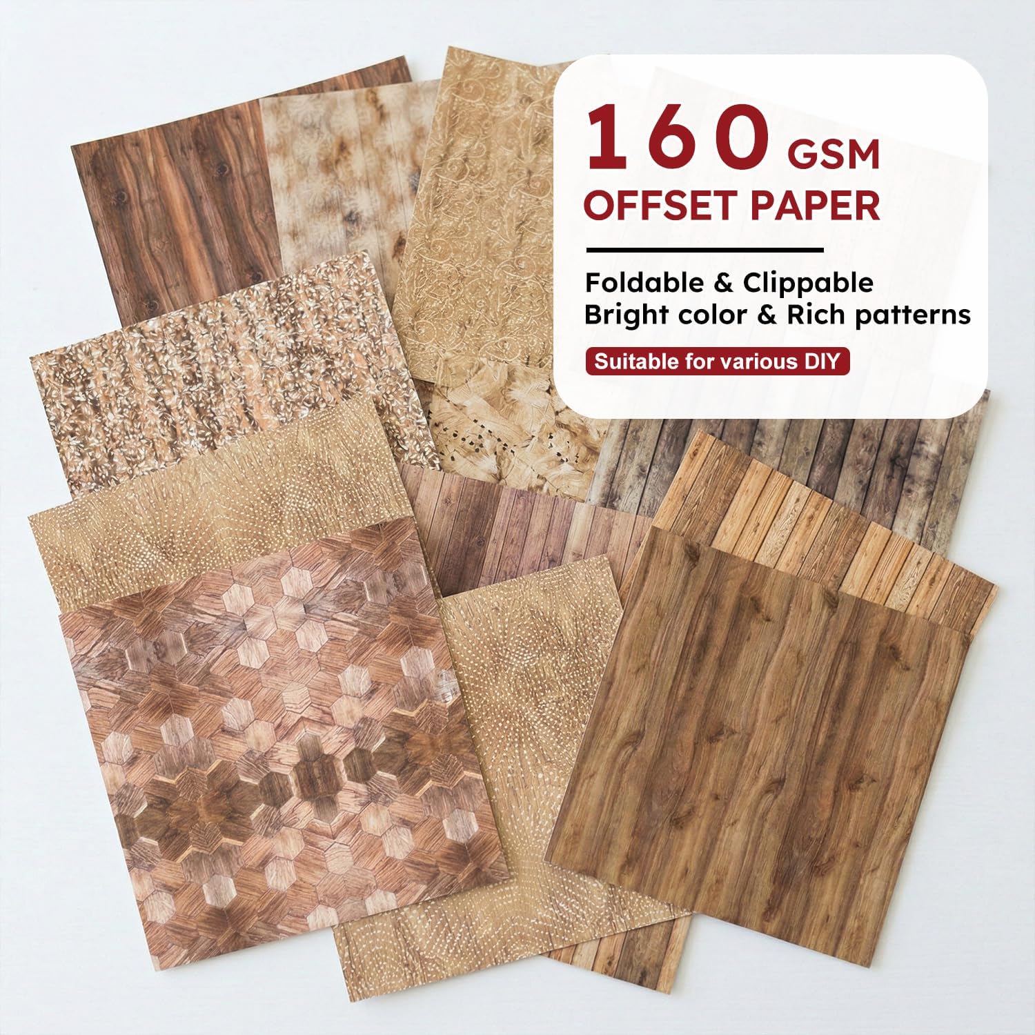 6-inch Wooden Patterned Scrapbook Paper Pad, 24 Sheets Double Sided Retro Aesthetic Origami Paper for Journaling, Collage, DIY Card, Folded Photo Album, Handmade Crafts & Decor Projects