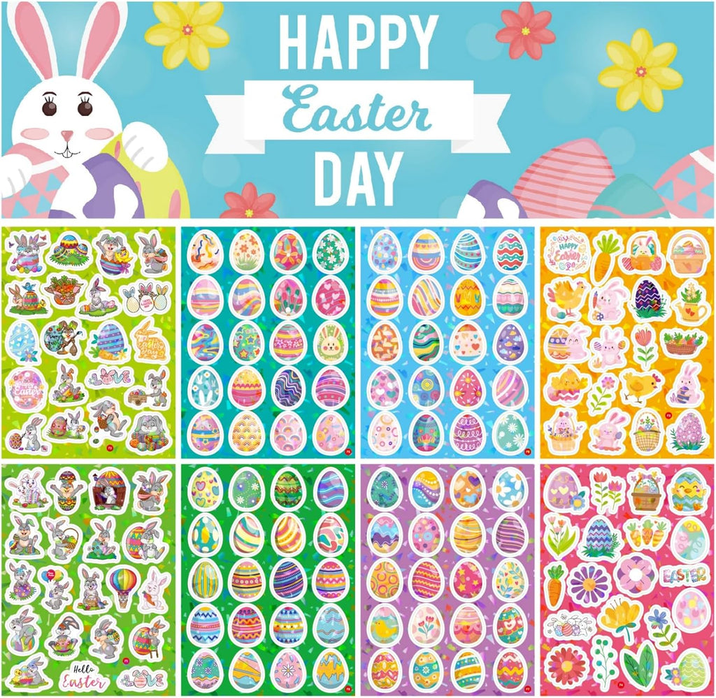 160Pcs Assorted Easter Sticker Set, 8 Sheets Waterproof Vinyl Stickers with Rabbits, Eggs, Chicks, Flowers, Non-Repetitive Holiday Party Decoration for Kids, Teenagers, Adults, Gift Tote Bag Decor