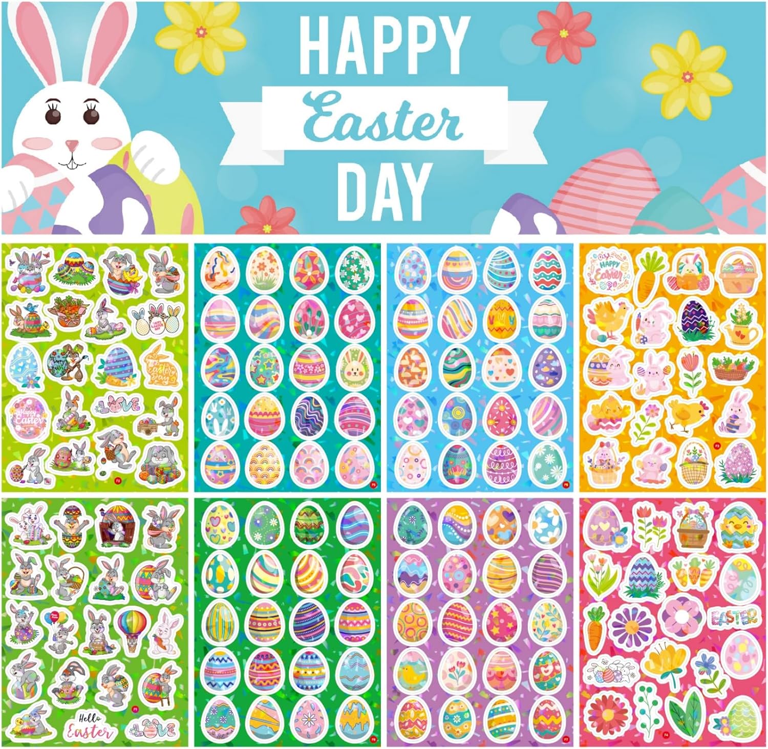 160Pcs Assorted Easter Sticker Set, 8 Sheets Waterproof Vinyl Stickers with Rabbits, Eggs, Chicks, Flowers, Non-Repetitive Holiday Party Decoration for Kids, Teenagers, Adults, Gift Tote Bag Decor