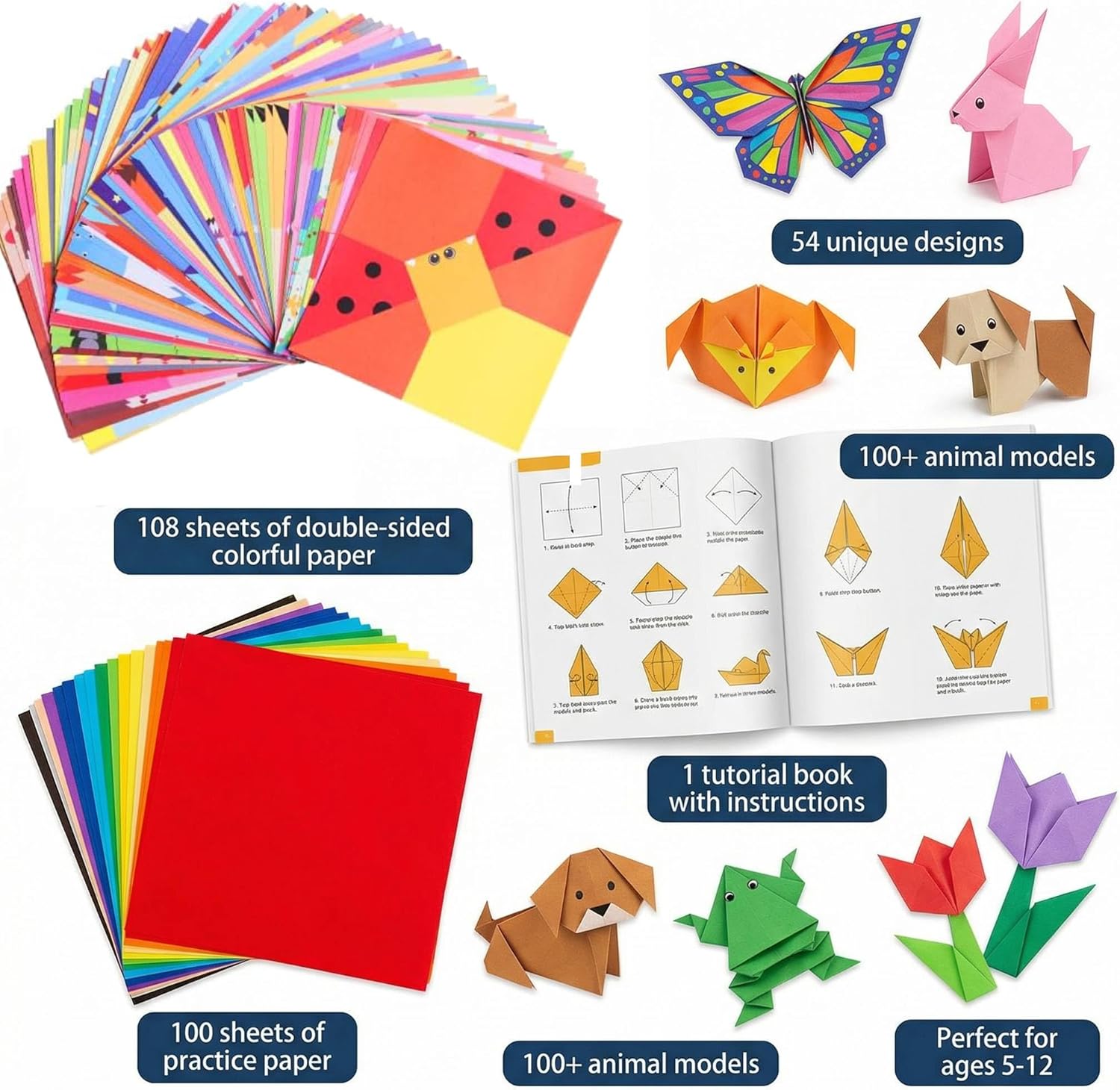 208 Sheets Kids Craft Origami Paper Kit, Cartoon Pattern Folding Paper Set with Guiding Book, DIY Art Craft Supplies for Kids Ages 5-8 8-12 Boys Girls Gifts Activity