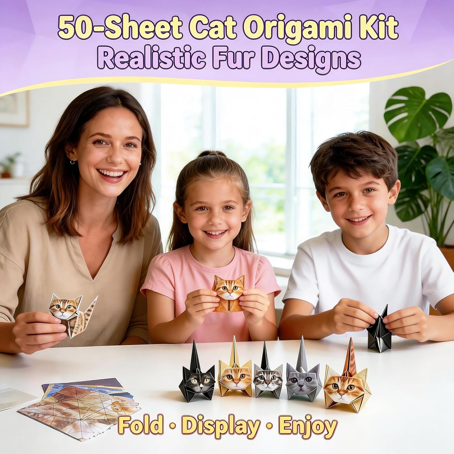 DIY Origami Paper Cat Kit – 50 Sheets Folding Paper to Create Cute Cat Figures, Creative Paper Craft Activity for Adults, Desk Decoration and Gift for Cat Lovers