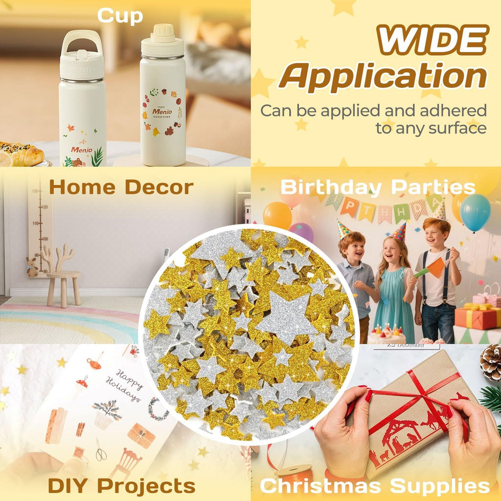 200PCS Glitter Star Stickers 4Size Large Star Stickers Silver and Gold Stars Foam for Craft Scrapbook and Card Greeting Self-Adhesive and Easy to Peel