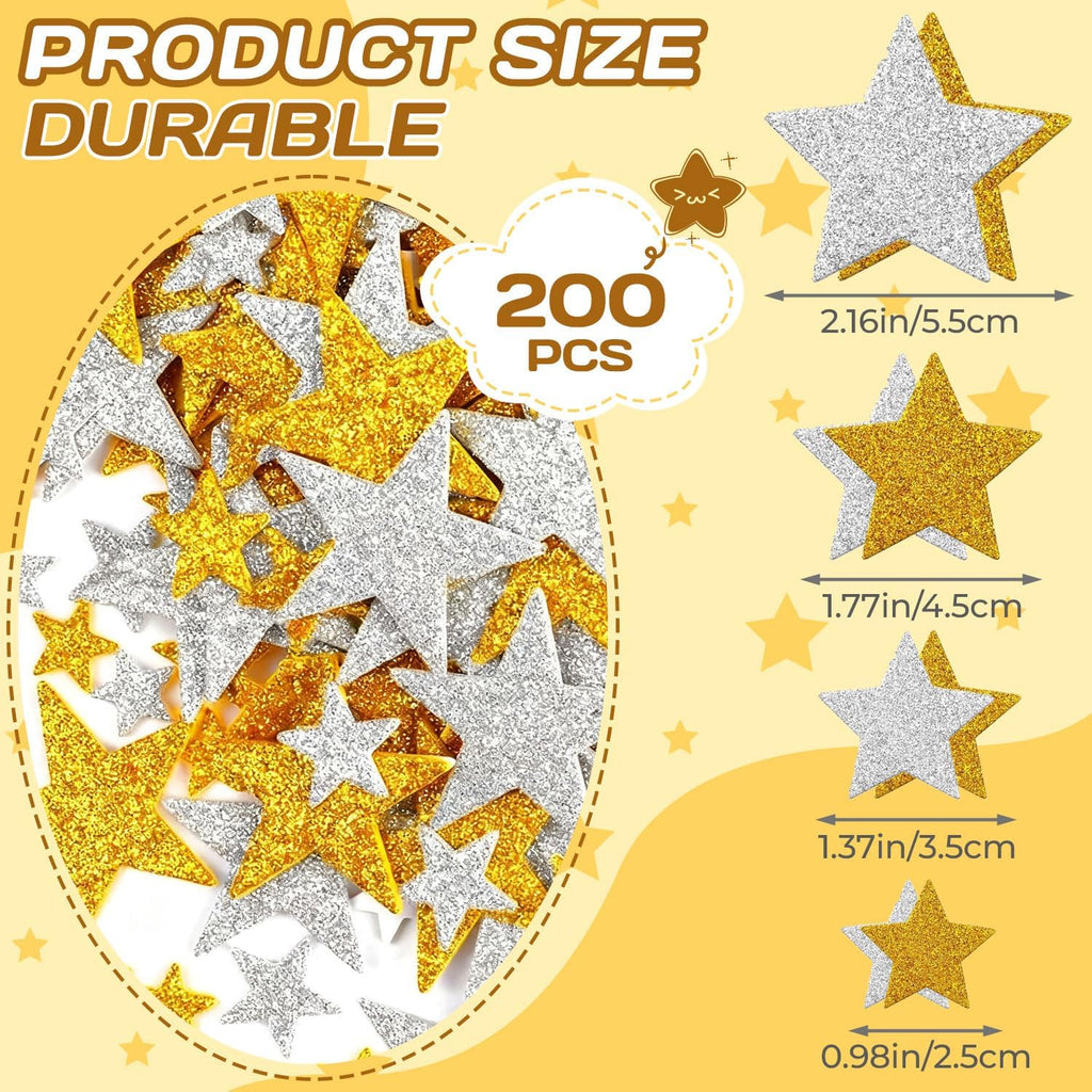 200PCS Glitter Star Stickers 4Size Large Star Stickers Silver and Gold Stars Foam for Craft Scrapbook and Card Greeting Self-Adhesive and Easy to Peel