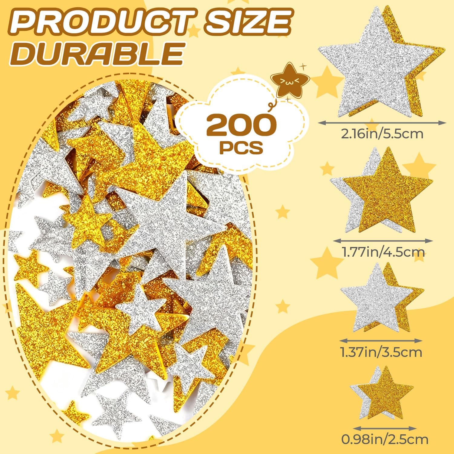 200PCS Glitter Star Stickers 4Size Large Star Stickers Silver and Gold Stars Foam for Craft Scrapbook and Card Greeting Self-Adhesive and Easy to Peel
