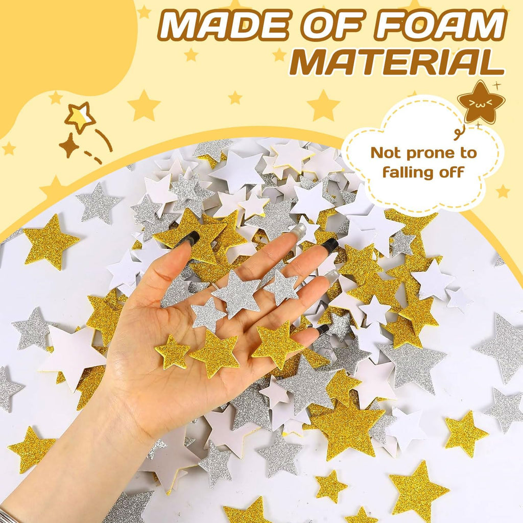 200PCS Glitter Star Stickers 4Size Large Star Stickers Silver and Gold Stars Foam for Craft Scrapbook and Card Greeting Self-Adhesive and Easy to Peel