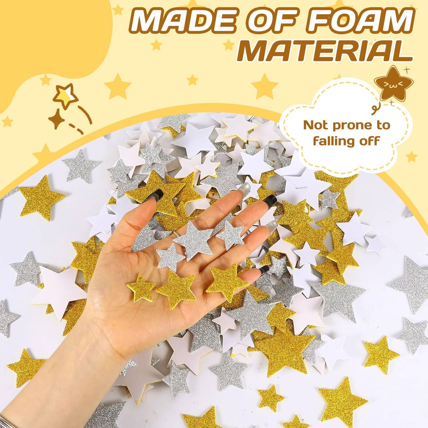 200PCS Glitter Star Stickers 4Size Large Star Stickers Silver and Gold Stars Foam for Craft Scrapbook and Card Greeting Self-Adhesive and Easy to Peel
