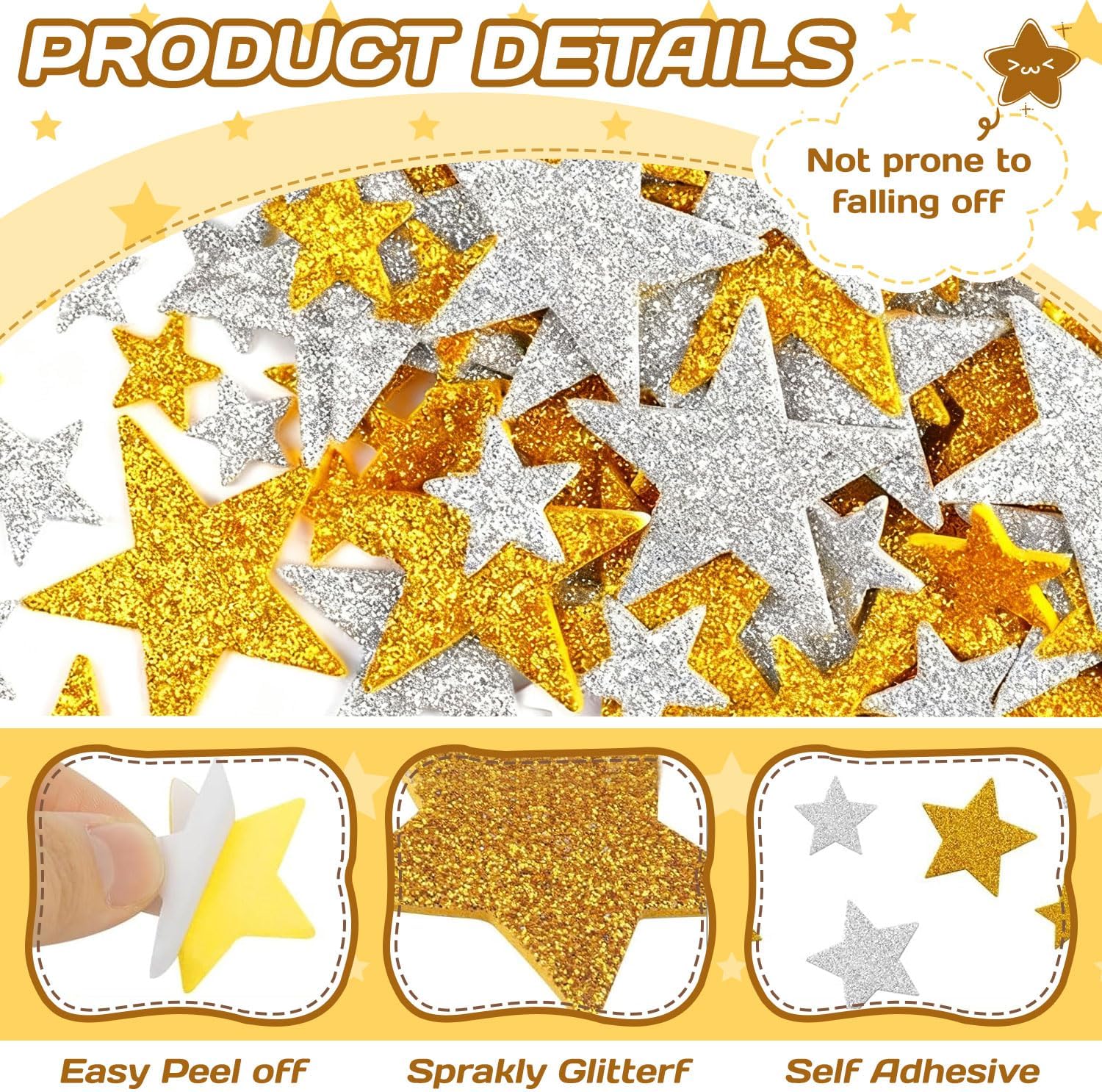 200PCS Glitter Star Stickers 4Size Large Star Stickers Silver and Gold Stars Foam for Craft Scrapbook and Card Greeting Self-Adhesive and Easy to Peel