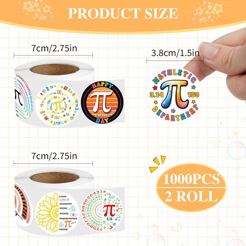 1000 Pcs Pi Day Sticker Roll, Math Symbol Stickers with 16 Designs, Pi Day Labels for Classroom Office Packaging Craft Supplies (500 Per Roll)