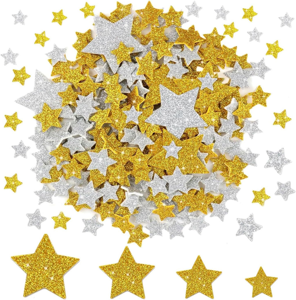 200PCS Glitter Star Stickers 4Size Large Star Stickers Silver and Gold Stars Foam for Craft Scrapbook and Card Greeting Self-Adhesive and Easy to Peel