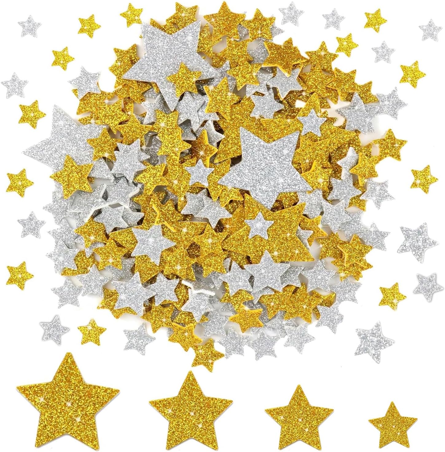 200PCS Glitter Star Stickers 4Size Large Star Stickers Silver and Gold Stars Foam for Craft Scrapbook and Card Greeting Self-Adhesive and Easy to Peel