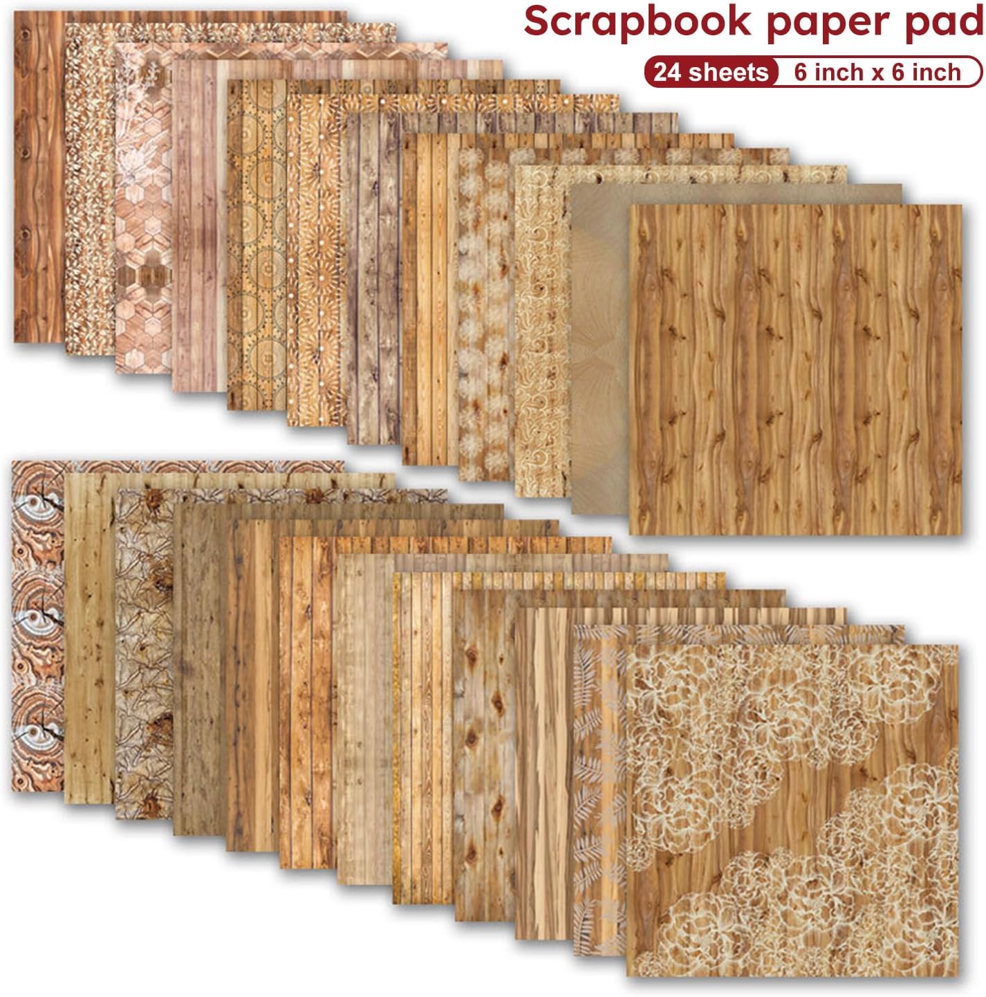 6-inch Wooden Patterned Scrapbook Paper Pad, 24 Sheets Double Sided Retro Aesthetic Origami Paper for Journaling, Collage, DIY Card, Folded Photo Album, Handmade Crafts & Decor Projects