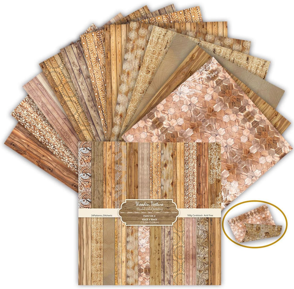 6-inch Wooden Patterned Scrapbook Paper Pad, 24 Sheets Double Sided Retro Aesthetic Origami Paper for Journaling, Collage, DIY Card, Folded Photo Album, Handmade Crafts & Decor Projects