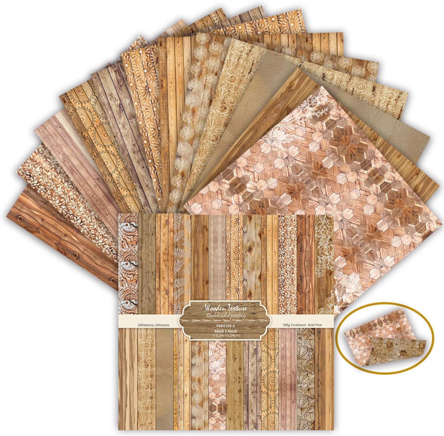 6-inch Wooden Patterned Scrapbook Paper Pad, 24 Sheets Double Sided Retro Aesthetic Origami Paper for Journaling, Collage, DIY Card, Folded Photo Album, Handmade Crafts & Decor Projects