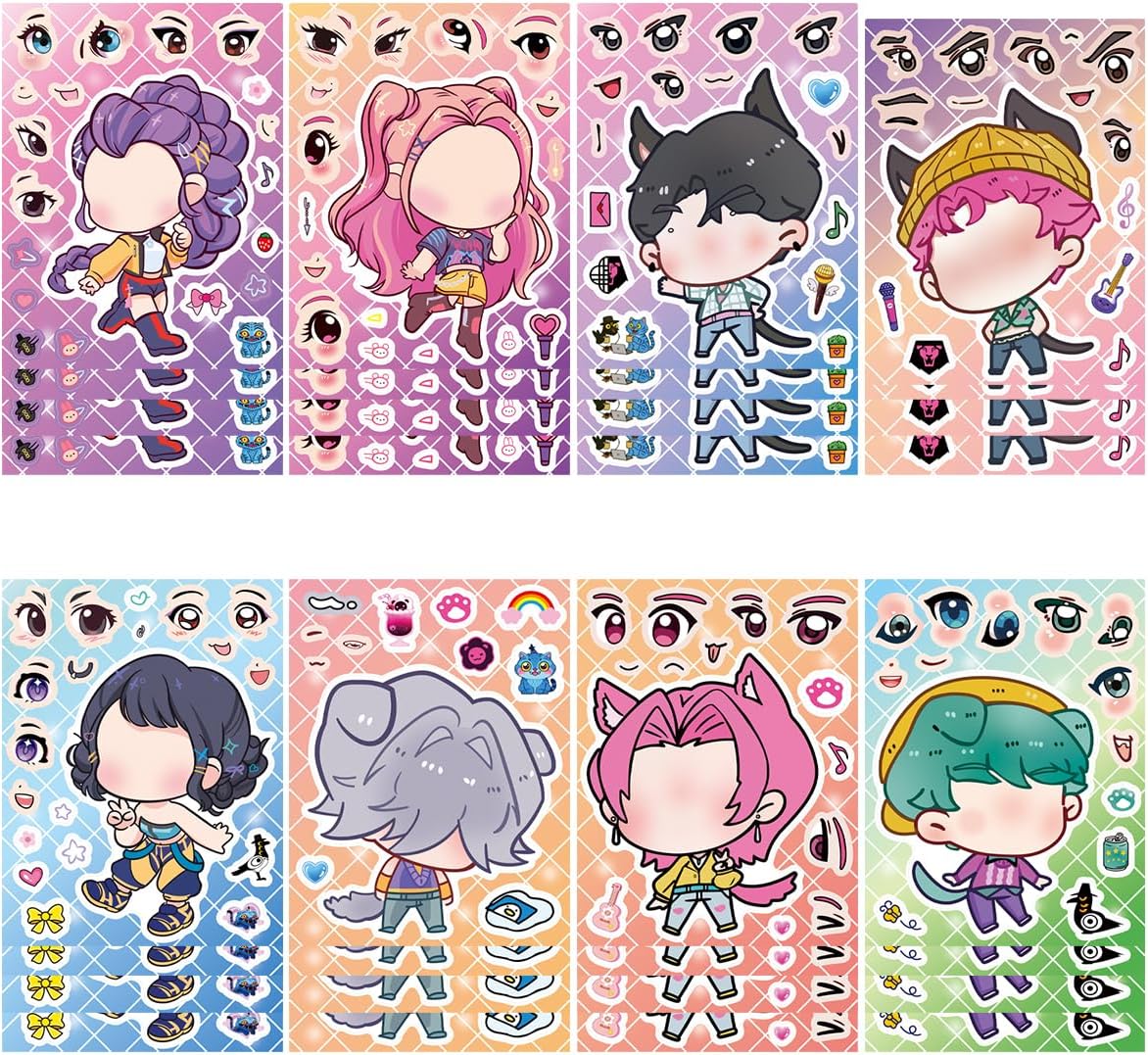 24 Sheets DIY Anime Face Stickers - Kawaii Make-a-Face Sticker Sheets for Kids, Cute Japanese Cartoon Art DIY Craft Decals for Birthday Party Favors, Rewards and Decorations (KDH)